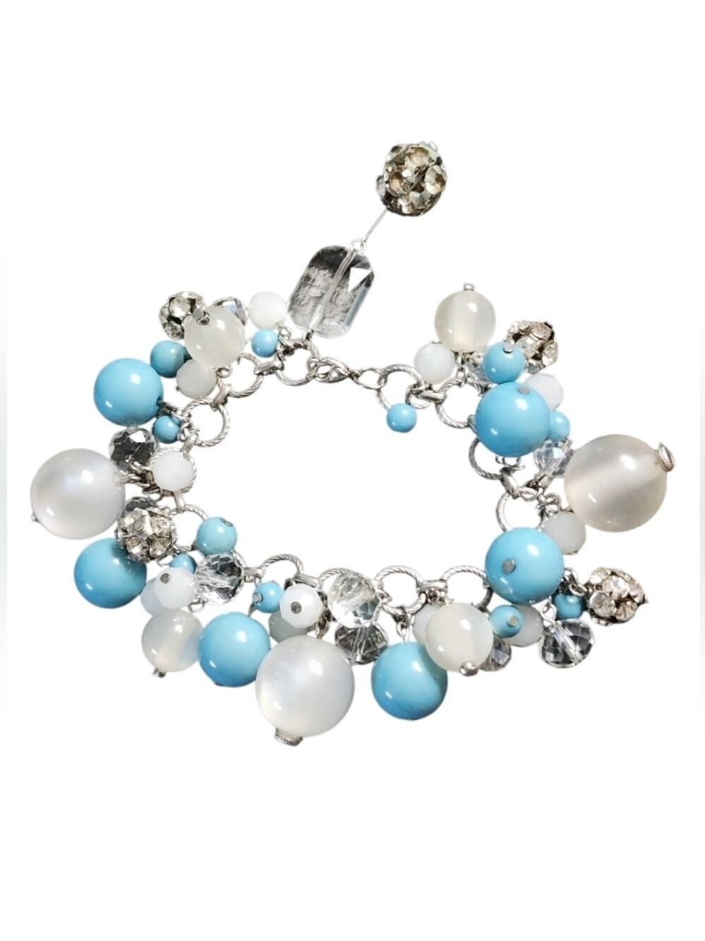 Silvertone Blue, White & Clear Beaded Bracelet with Rhinestones